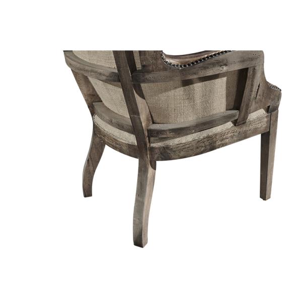 Vintage Cigar High Back Leather Armchair Solid Wood Linen Back Exposed Frame