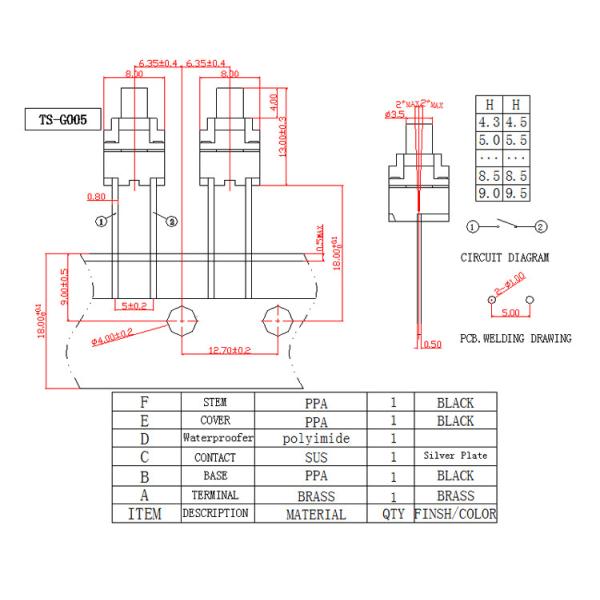 IP67 Sealed PCB Mount Push Button Switch Through Hole Mount Design Momentary Type