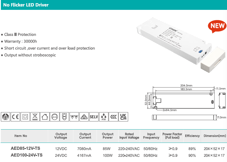 60W 85W 100W Slim Under Cabinet LED Driver without Flicker for EU Market