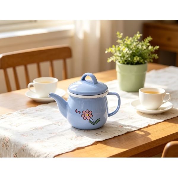 Pastel Blue Cute Floral Heart Print Mini Enamel Tea Pot With Lid Small Enamel Coffee Pot For Home Water Boiling