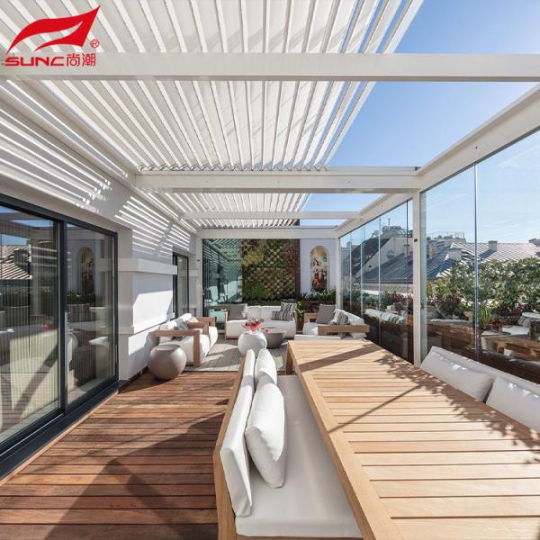 Jardim de alumínio controlado remotamente Pergola à prova de água e vento Gazebo ao ar livre