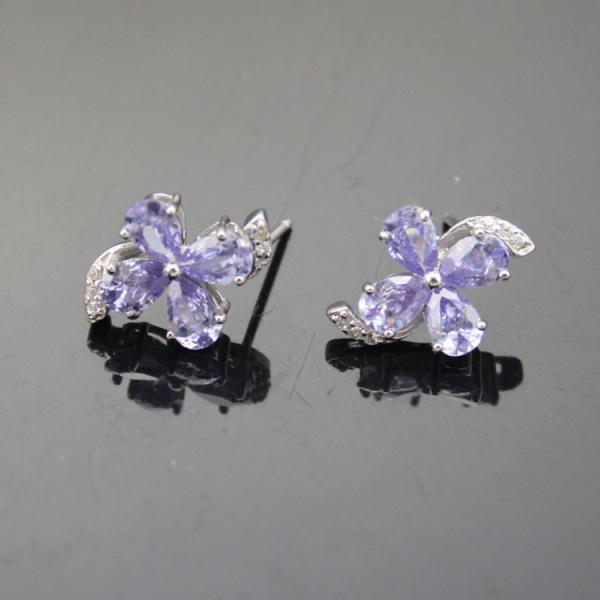 Sterling Silver Amethyst  Cubic Zircon Quatrefoil Stud Earrings(E02)