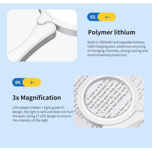 Multi-functional Hand-held Three-fold Double Mirror LED Acrylic Lens 17 White LEDs Magnifying Glass Scale for Reading Books