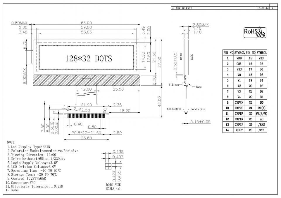 Модуля LCD COG точек последовательного интерфейса дисплей LCD положительного FSTN 12832 Monochrome