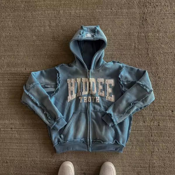 Hoodie ropa callejera personalizada bordado de angustia parche de cremallera de gran tamaño con capucha francés Terry Rhinestone fabricantes de capuchas