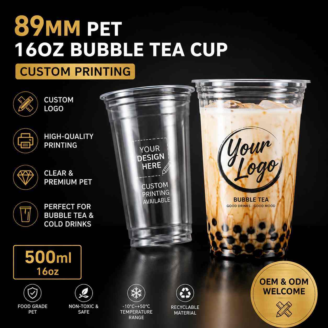 89mm Plastic Bubble Tea Cups PET 16oz Boba Cups For Takeaway Milk Tea And Daily Beverage