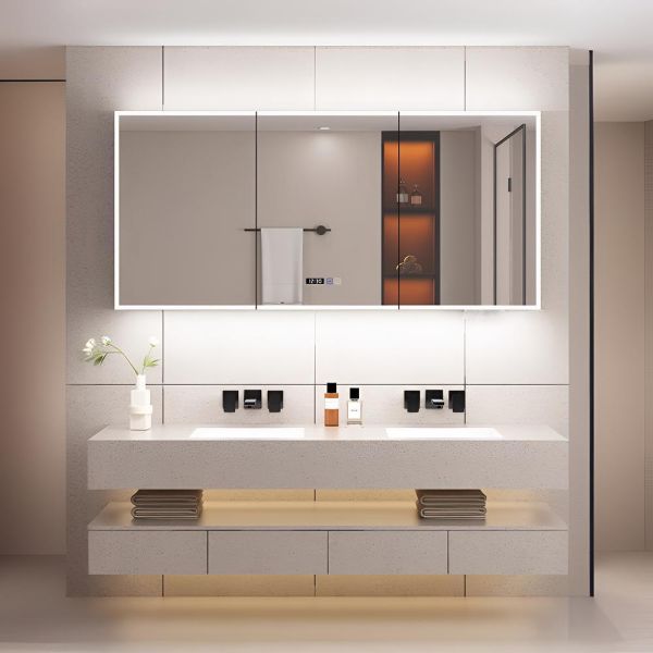 Smart Modern Medicine Bathroom LED Mirror Cabinet Water Resistant Illuminated Storage Organizer Aluminum Frame for Hotel Villa
