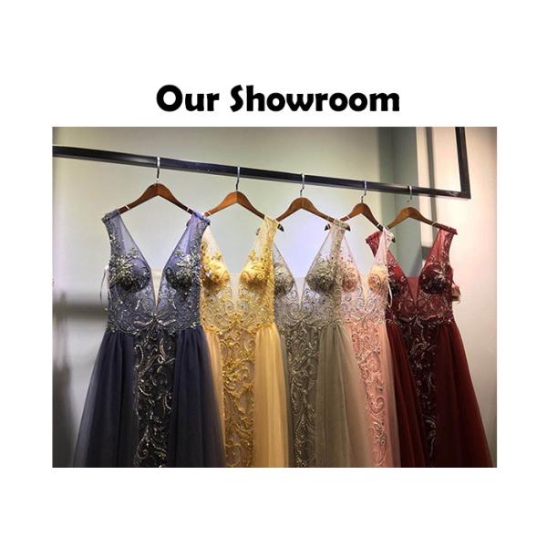 Tulle V Neck Ball Gown Backless / Long Tail Navy Blue Beaded Prom Dress