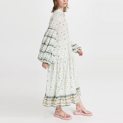                  Ladies Viscose Tiered Maxi Floral Print Long Balloon Sleeve Collared Neck Shirt Dress for Women             