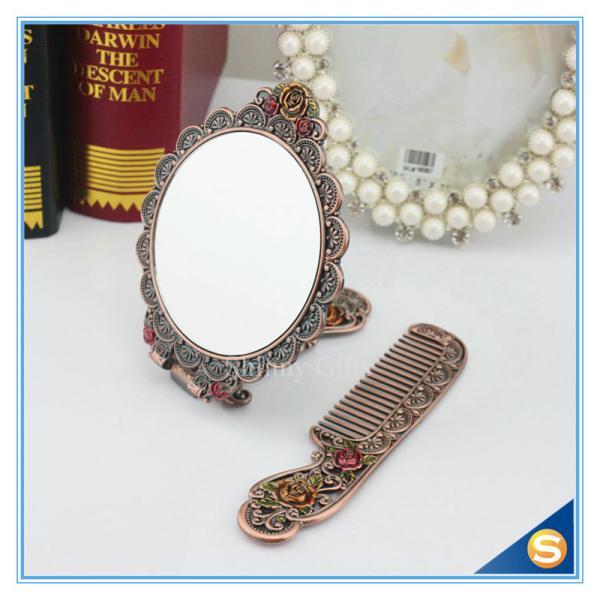 Circular Rose Design Classic Retro Makeup Mirrors One Side Ladies Handle Metal Cosmetic Mirrors