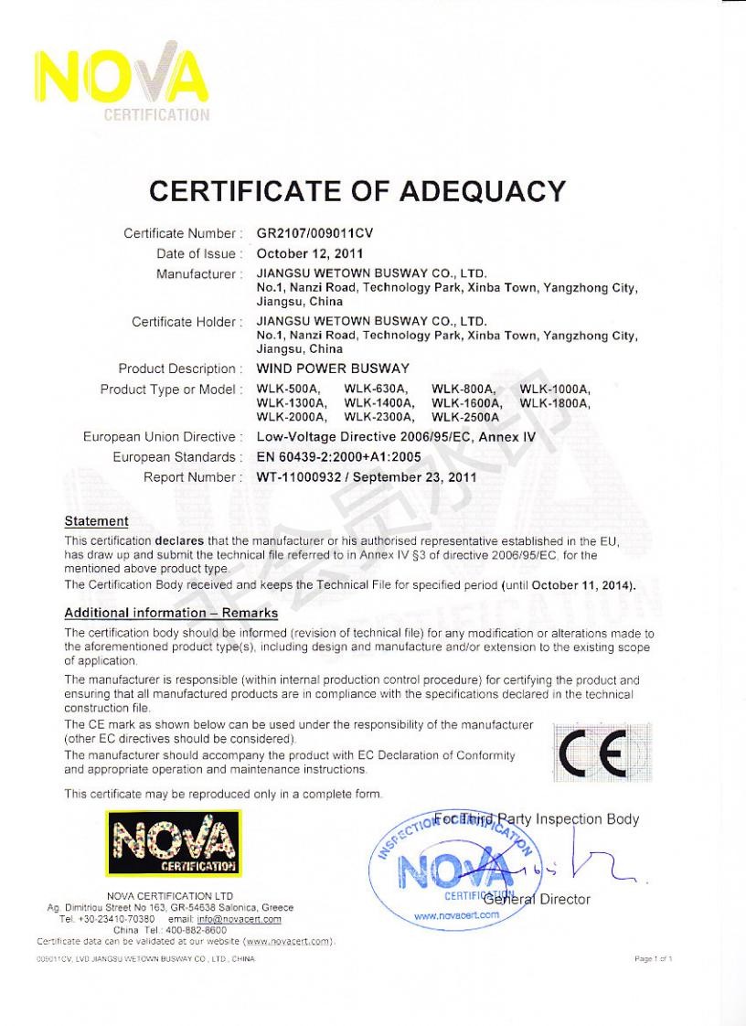 Wetown Electric Group Co.,Ltd. Сертификации