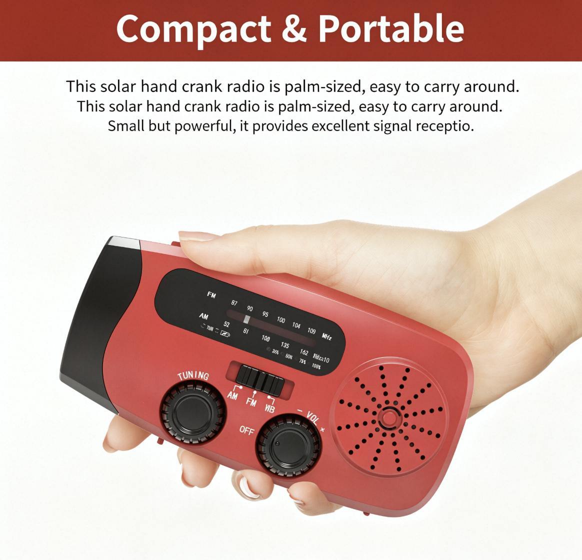 Portable Emergency Solar-powered Hand-cranked Radio With Led Flashlight And Fm Radio