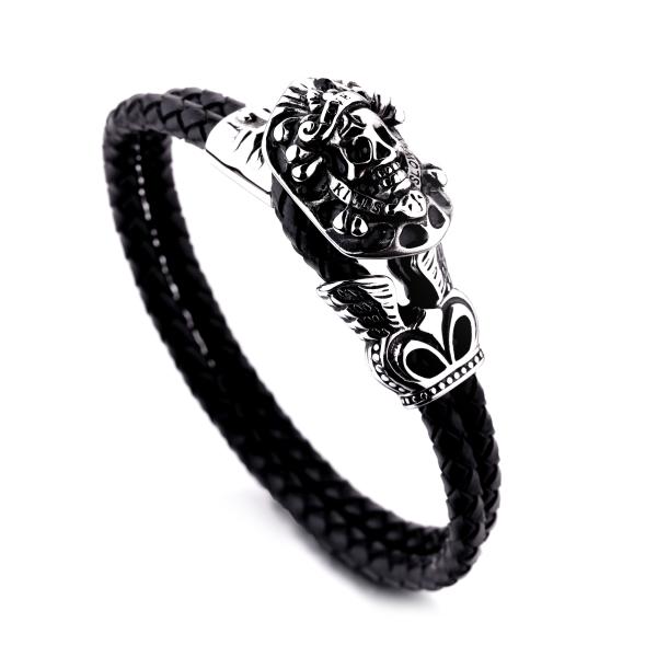 Man's leather bracelet man's stainless steel skull magnetic clasp bracelet