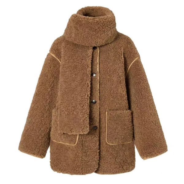 Teddy Colored Faux Sheep Fur One Piece Plush Coat With A Scarf Included