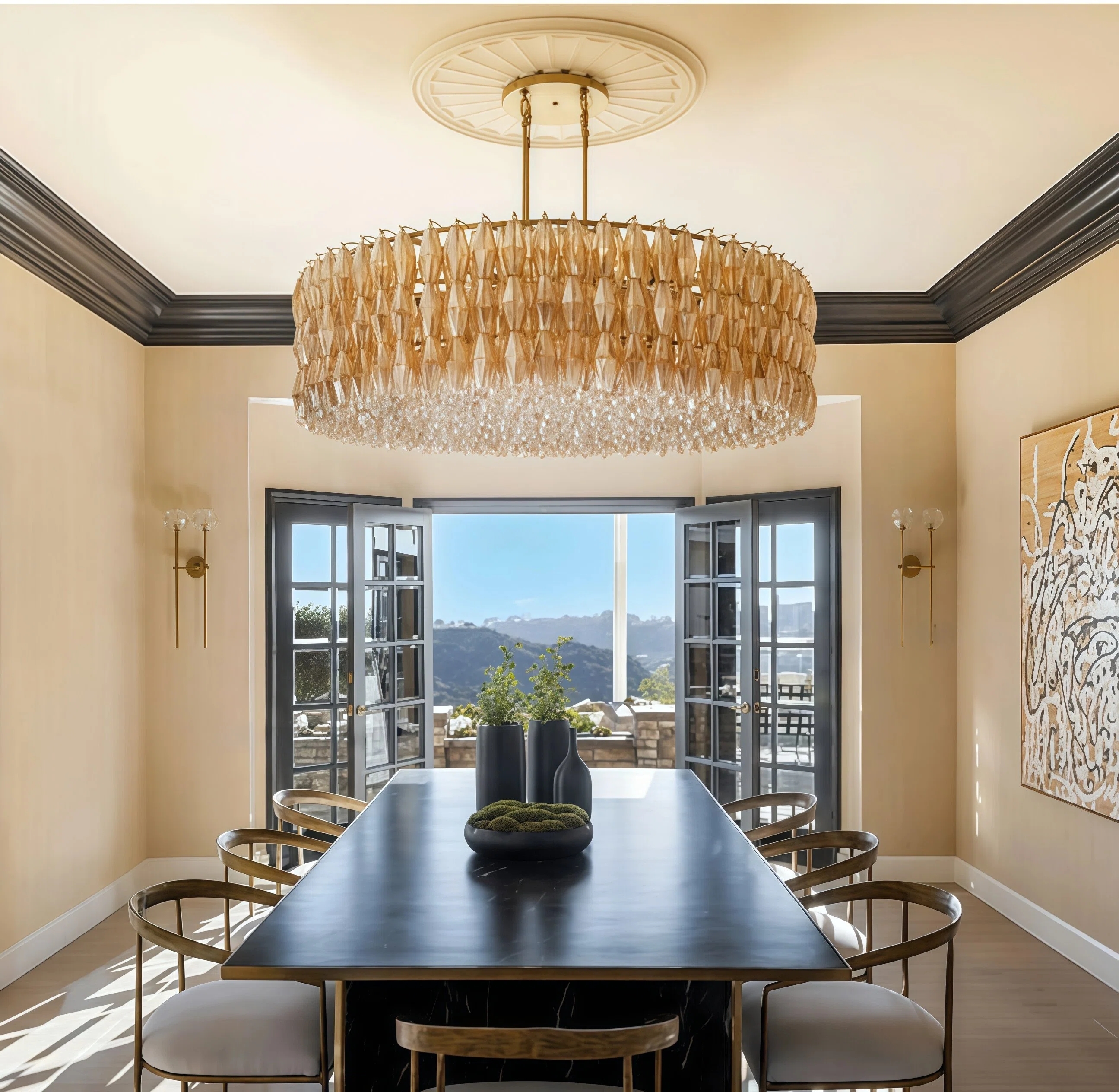 JYLIGHTING Modern Amber Glass & Gold Iron Chandelier, 4-Tier Drum Pendant Light for Dining & Living Room