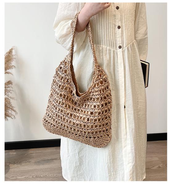 Bolsas Personalizadas Logo Bolsos De Paja Tejida Custom Raffia Clutch Woven Crochet Shoulder Women Handbags Beach Straw Bag Mesh Beach Bag Crochet Tote Bag Straw Crochet Purses for Women Raffia Tote