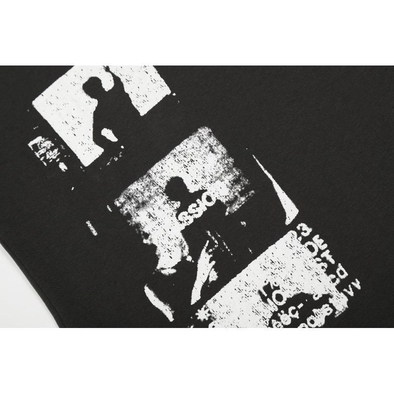 Wash Black Men's Women's Oversized Knitted Vintage Printed T-shirt 100% Cotton Long Sleeve Breathable Digital Print Retro Couple