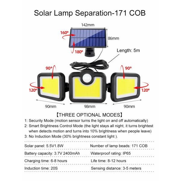 6500K 1.8W Outdoor LED Solar Lamp 270 Wide Angle 3.7V 2400mah
