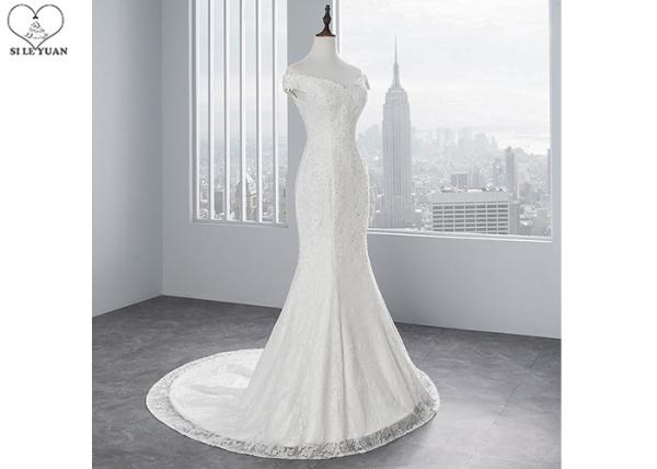 White Off Shoulder Mermaid Wedding Gown Sweetheart Lace Beading Bandage Back