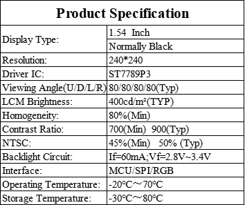1.54 Inch Square LCD Display With 240×240 Resolution 400cd/M2 Luminance