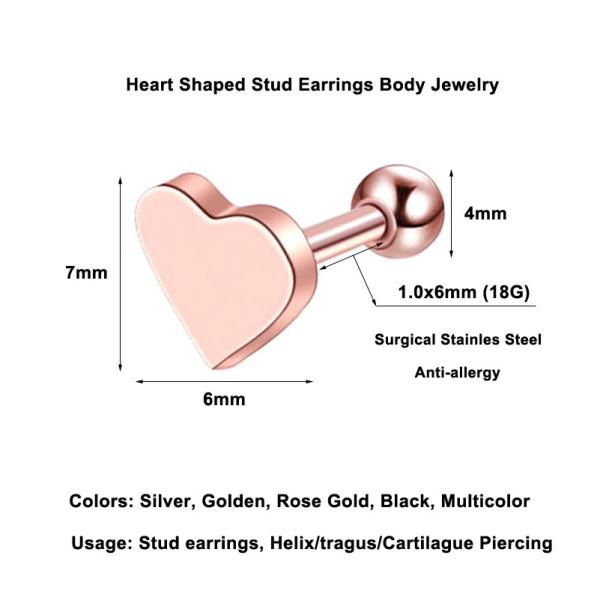 Sweet heart shape stud earrings rose gold plated earrings body piercing jewelry
