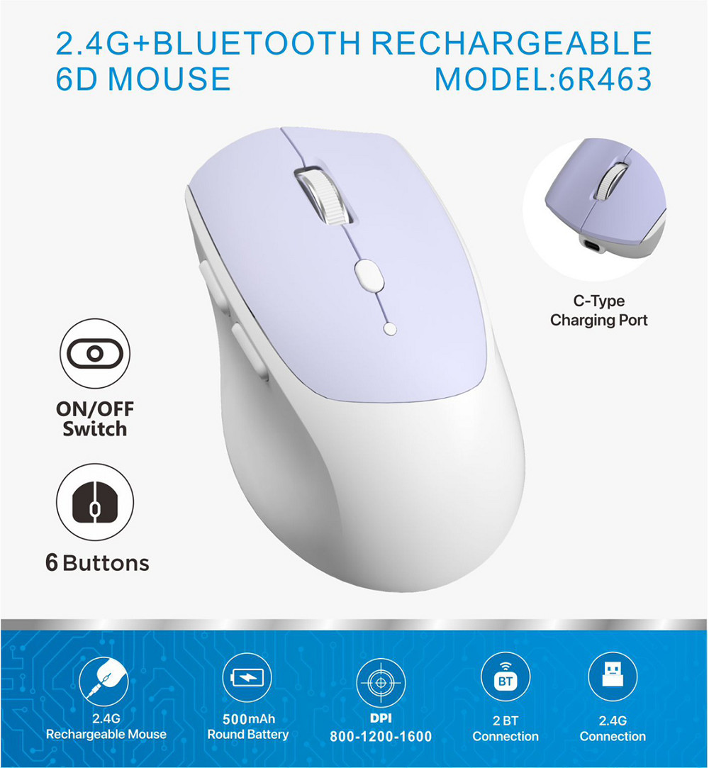 6D, 2.4G подключение, 800-1600 DPI, 500mAh круглый аккумулятор, интерфейс типа C. Идеально подходит для офисных работников, геймеров