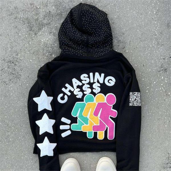 Rhinestone Black 3d Custom Puff Print Hoodie Pullover 100% Cotton Heavyweight Boxy Oversized Men