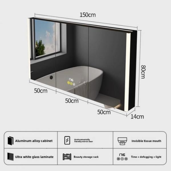 Luxury Modern LED Mirror Cabinet Anti-Fog Water Resistant Wall-Mounted Acrylic Metal Illuminated Bathroom Medicine Storage for
