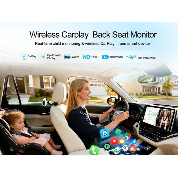 Yuecai New Portable Wireless In-car CarPlay Adapter Car Camera and Rear Seat Baby Monitor  