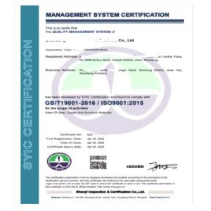 Shandong Dingcheng Liye Materials Co., Ltd Certificaciones