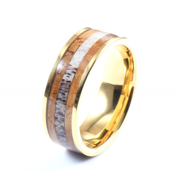 Wedding Whiskey Barrel Wood Antler Ring Inlay Gold Custom Tungsten Carbide Rings Men