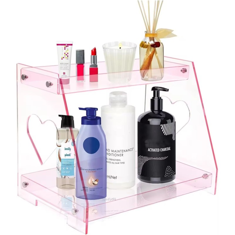 Custom-made 2-Tier Pink Heart Acrylic Tray Vanity Perfume Skincare Organizer Countertop Display Shelf