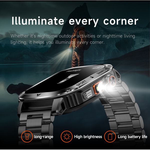 AK80 Smart Watch 2.01inch IPS Big Screen BT Call Flashlight for Sport Outdoors Health Men IP68 Waterproof Dafit Smartwatch