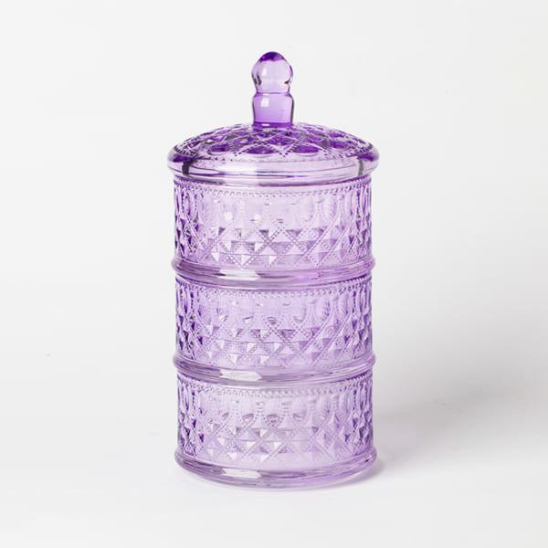 Purple Stacking Clear Glass Storage Jar 10 Inch Height Three Tier Glass Candy Dish