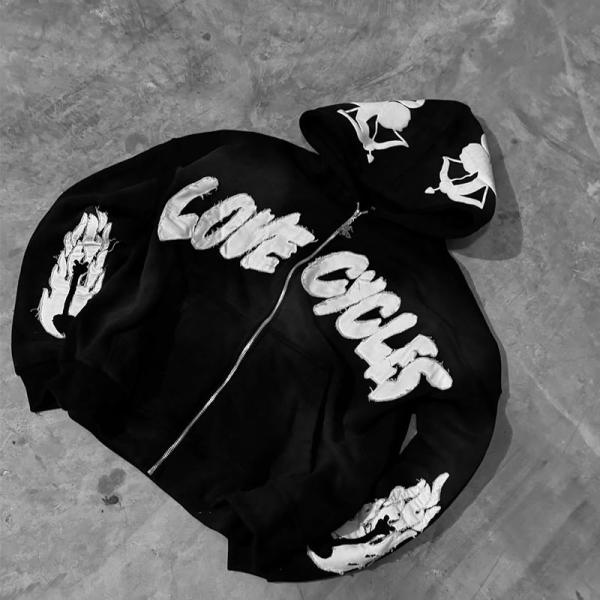 Costume sur mesure Sweatsuit deux pièces Tracksuit Applique Distressed Broderie Tracksuit Fermeture à glissière Hoodie et Double Couche Sweatpants Ensemble Hommes