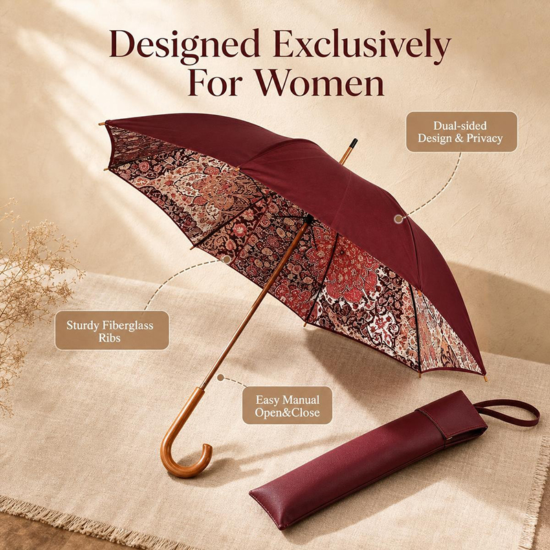 Regal Lady 46-inch Double-Layer Umbrella with Solid Wood Shaft and UV-Resistant Fabric