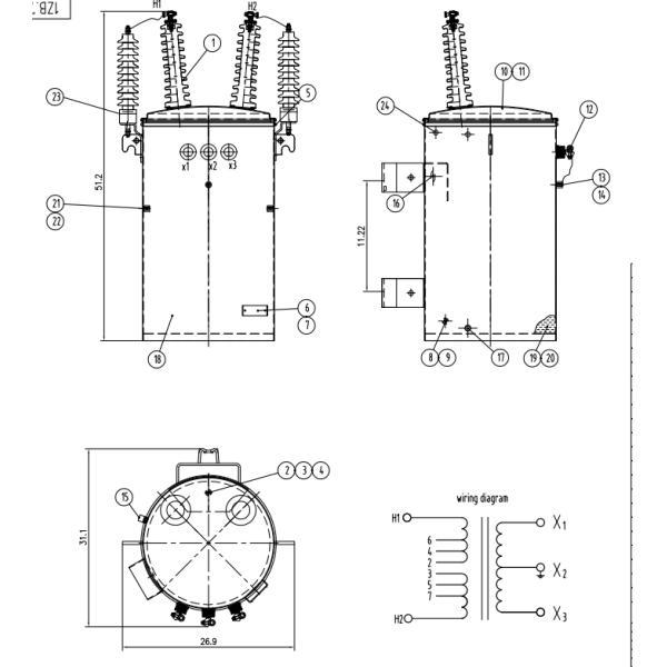 Transformateur de puissance électrique de 75kva monté sur un poteau, transformateur à huile immergé 22860V