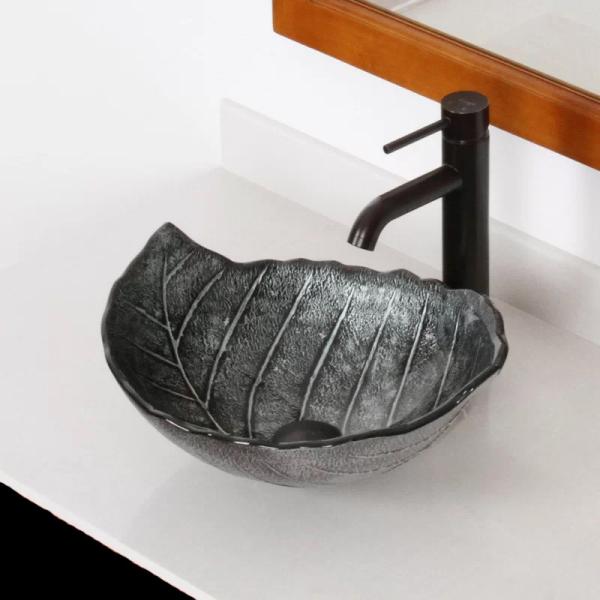Leaf Shaped Large Oval Vessel Sink Tempered Glass Gray Countertop