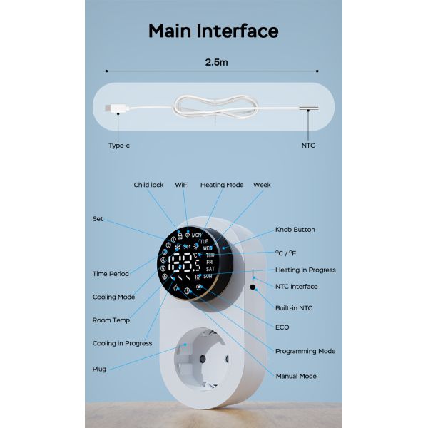 Smart Dual-Mode 16A 100-240V Temperature Controller Alexa/WiFi Connectivity LED Knob Temp Alarm for Power Socket Plug