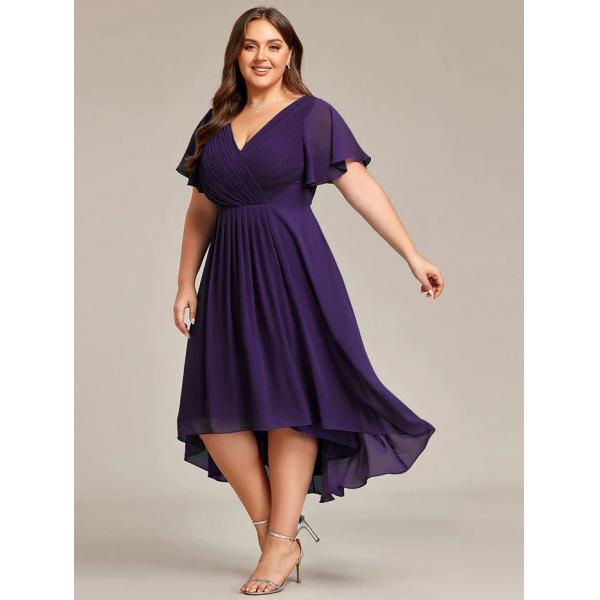 Chic V-neck High-low Short Flutter Sleeves A-line Ruffles Midi Invisible Zipper Dark Purple Chiffon  Cocktail Dress