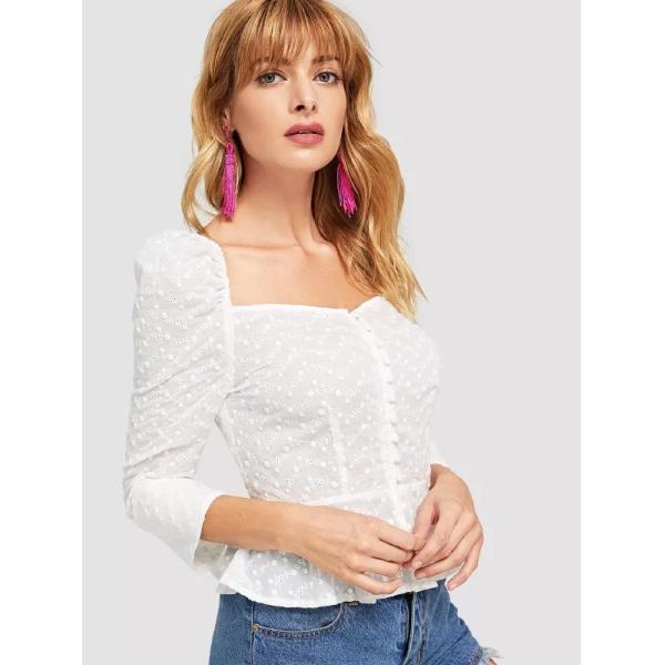 Cotton White Embroidered Button Up Puff Sleeve Women Blouses 2018 New Designs