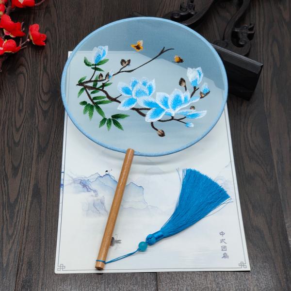 Y-Z Chinese Round Shape Hanfu Fabric Fan Wood Handle with Tassel Hand Embroidered Ancient Silk Fan