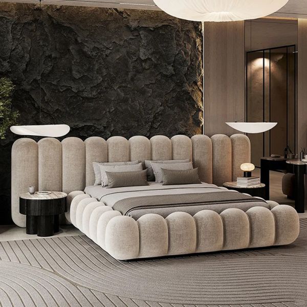 MOYI Designer Bedroom Bed Upholstered Double Minimalist Fabric Bed Queen Size Bed Frame Modern BED