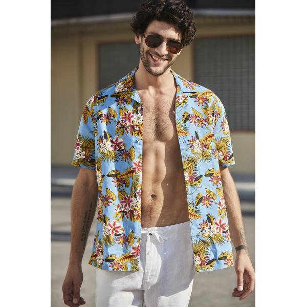colorful Men's Casual Short Sleeve Shirts Summer Blue Printed