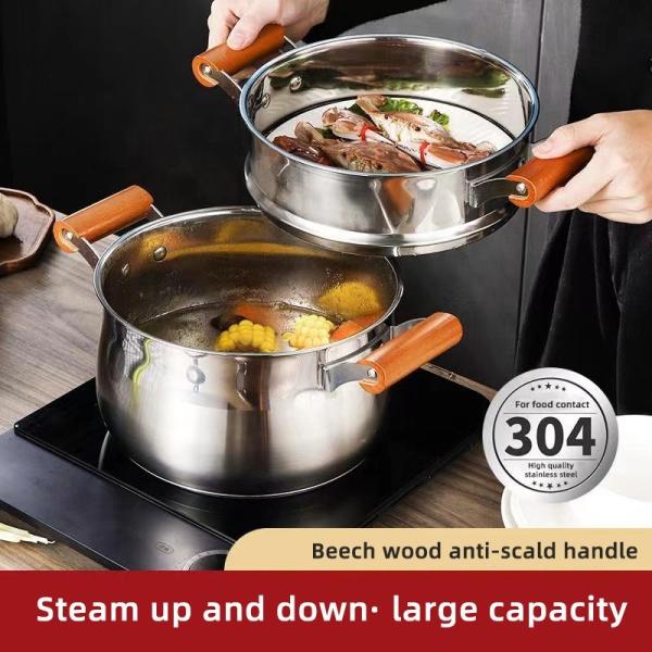 Factory Two Layer Cook Food Steamer Pot 18/8 Stainless Steel Steamer Pot With Wooden Handle