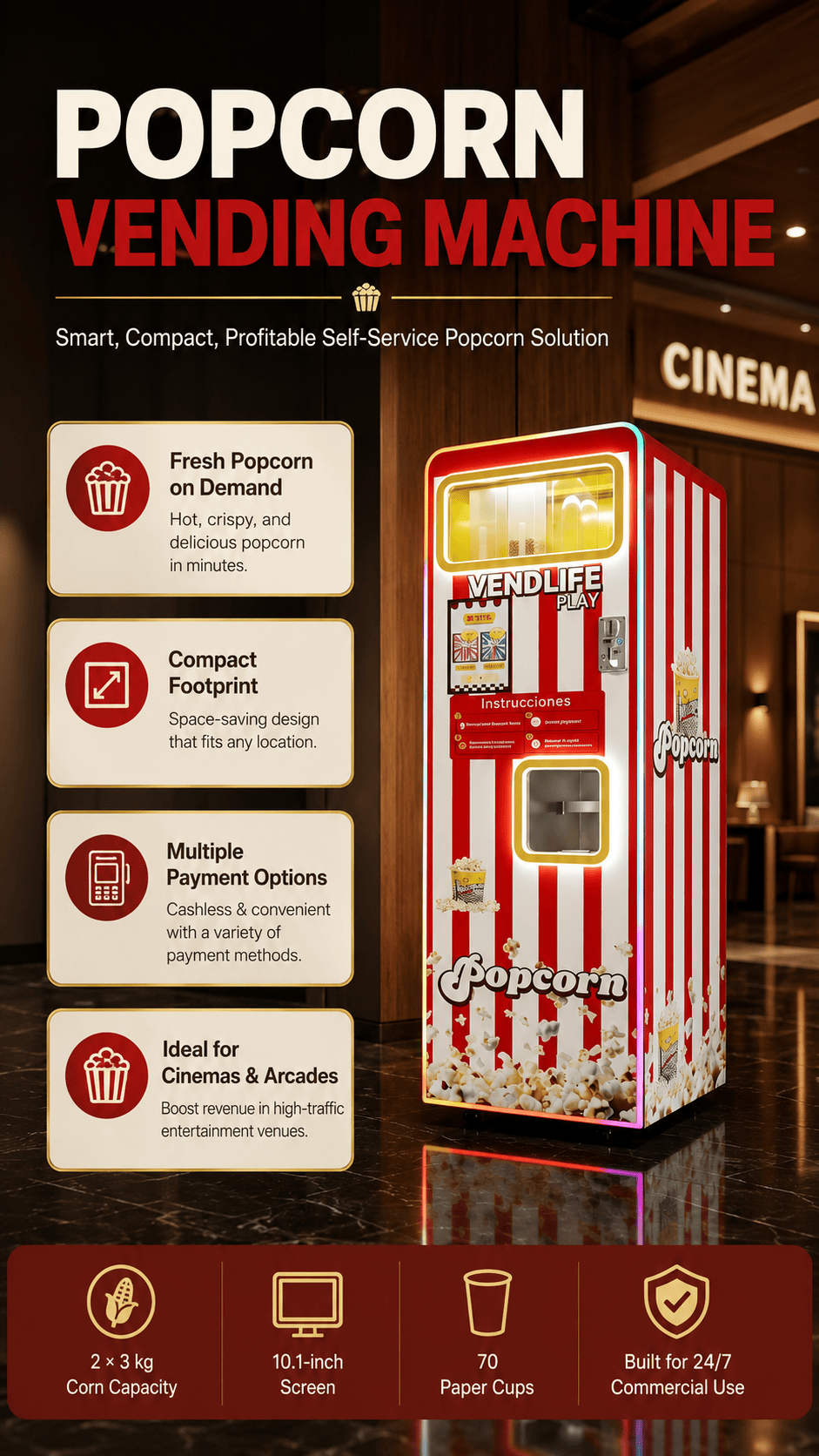 Commercial Automatic Popcorn Vending Machine 24 Hours Unattended Self Service Cinema Popcorn Maker Multi Flavor Popcorn Dispenser For Mall Arcade Amusement Park Customizable