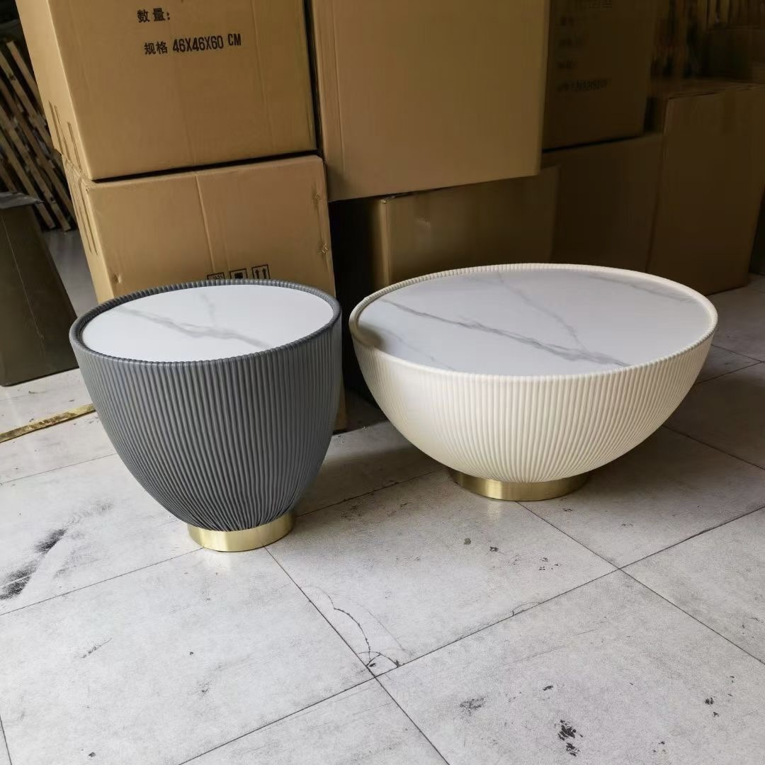 Modern Design Iron Frame Sofa Side Table with Sponge PU Base Bowl-Shaped Rock Plate Top for Tea Coffee Living Room Furniture