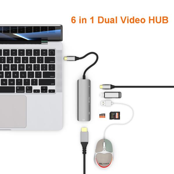 Adaptateur d'extension vidéo USB C 6 en 1 vers HDMI 4K avec port de données USB A, lecteur de carte et alimentation