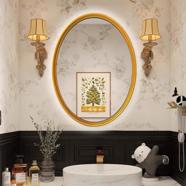 French Vintage Carved Frame Smart Bathroom Mirror Energy-Saving LED Light Oval Contour Anti-Fog Modern Salon Apartment Villa