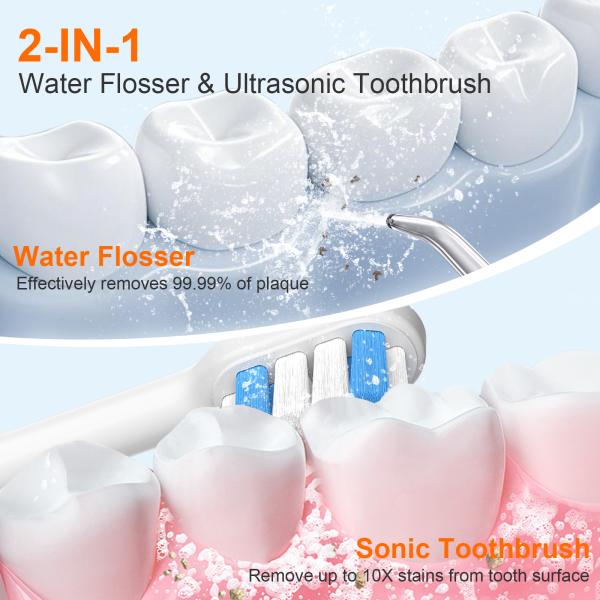 2 in 1 Electric Sonic Toothbrush Oral Irrigator Dental Flosser Combo with Water Tank Replace Brush Heads